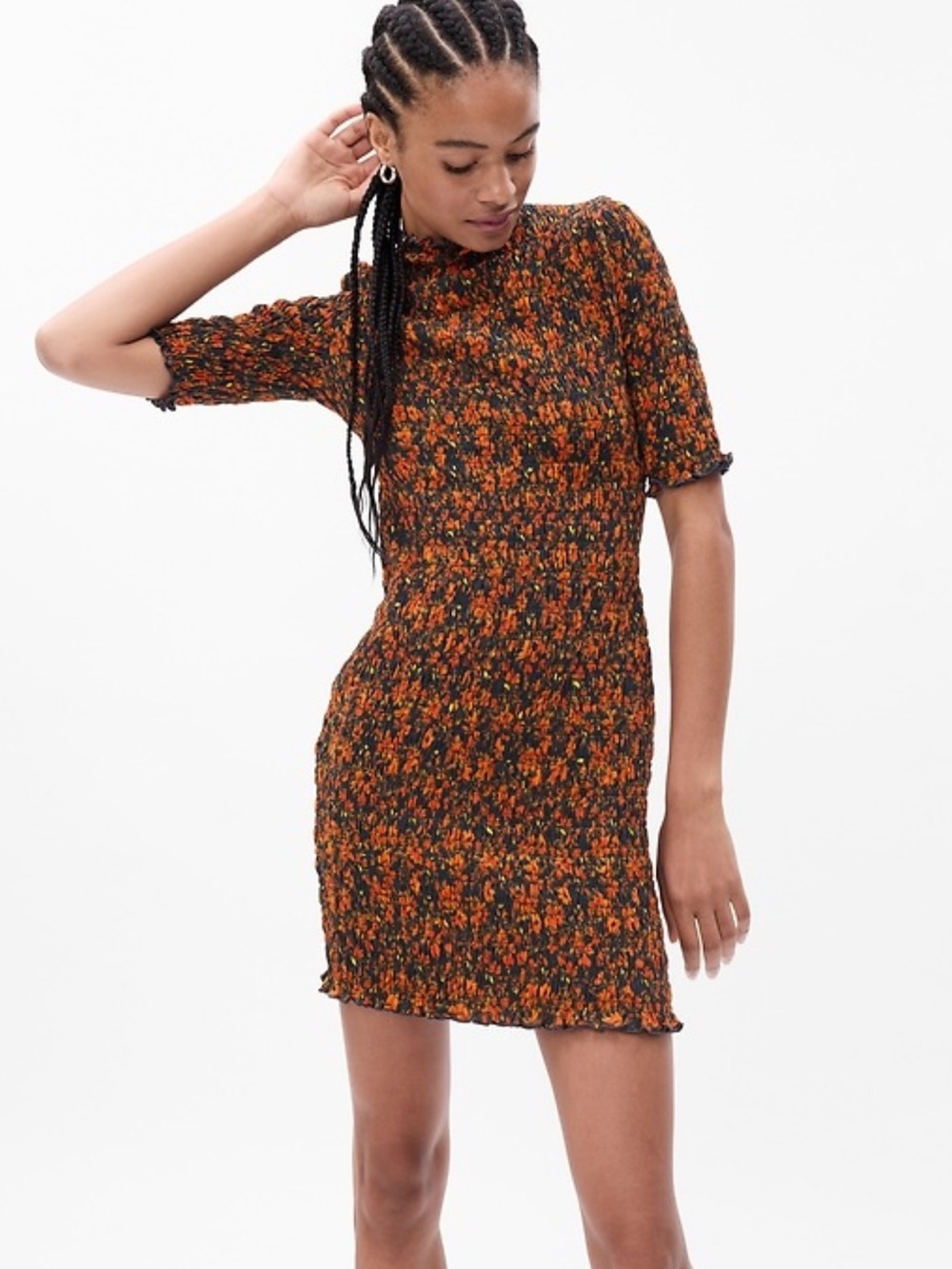 GAP Black Dress‎ with Orange Floral Mock Neck Smocked Bodycon Size Large